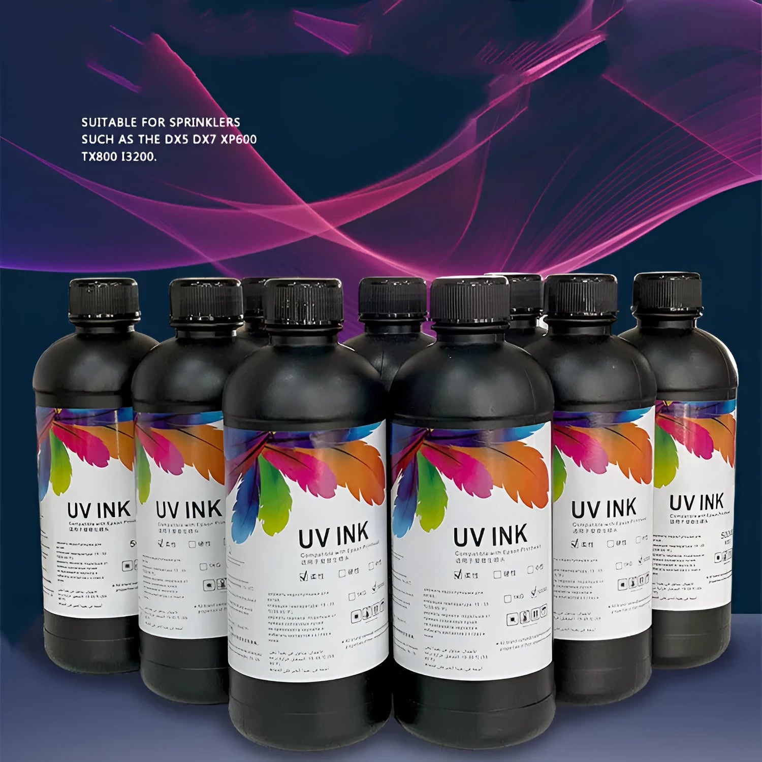 500ml bottle of Epson compatible UV printer ink for flatbed printers, showing colour and hardness options.