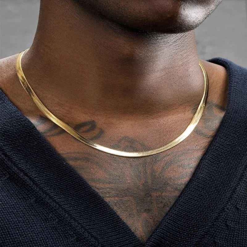 Gold colour flat snake bone necklace for men and women, 50cm chain with 5cm extension, alloy with plated finish