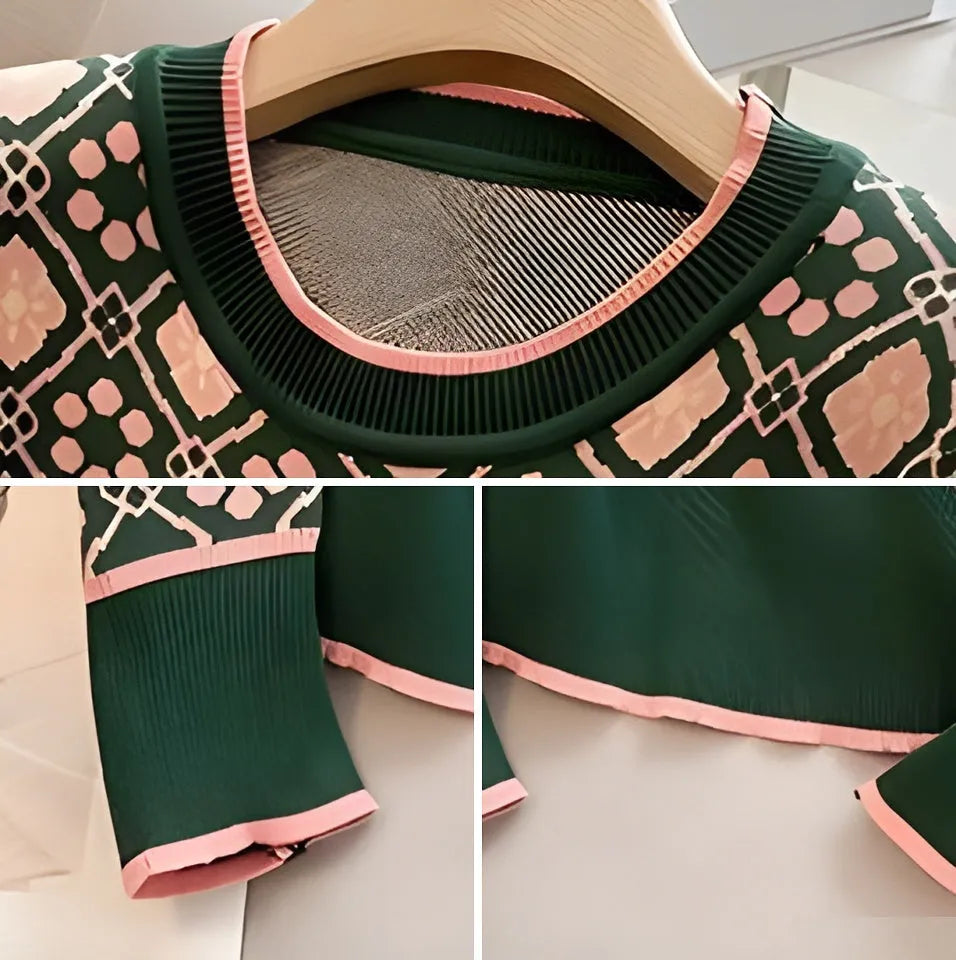 Green printed women's sweater with loose fit commuting style and regular sleeves