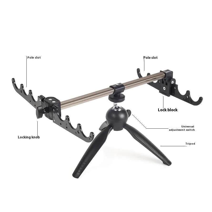 Aluminium alloy ice fishing rod holder bracket in a triangular tripod design on ice.
