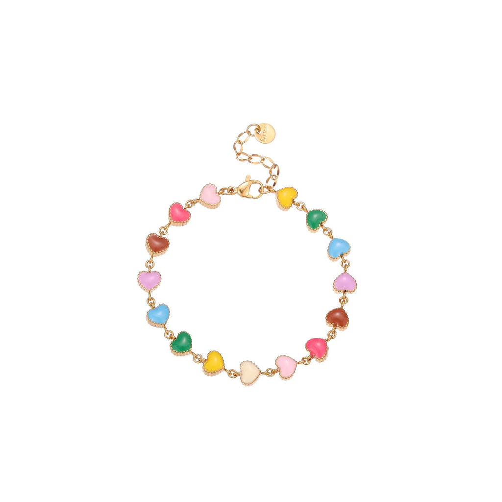 Women's gold bracelet with love heart design, stainless steel construction, and electroplated finish