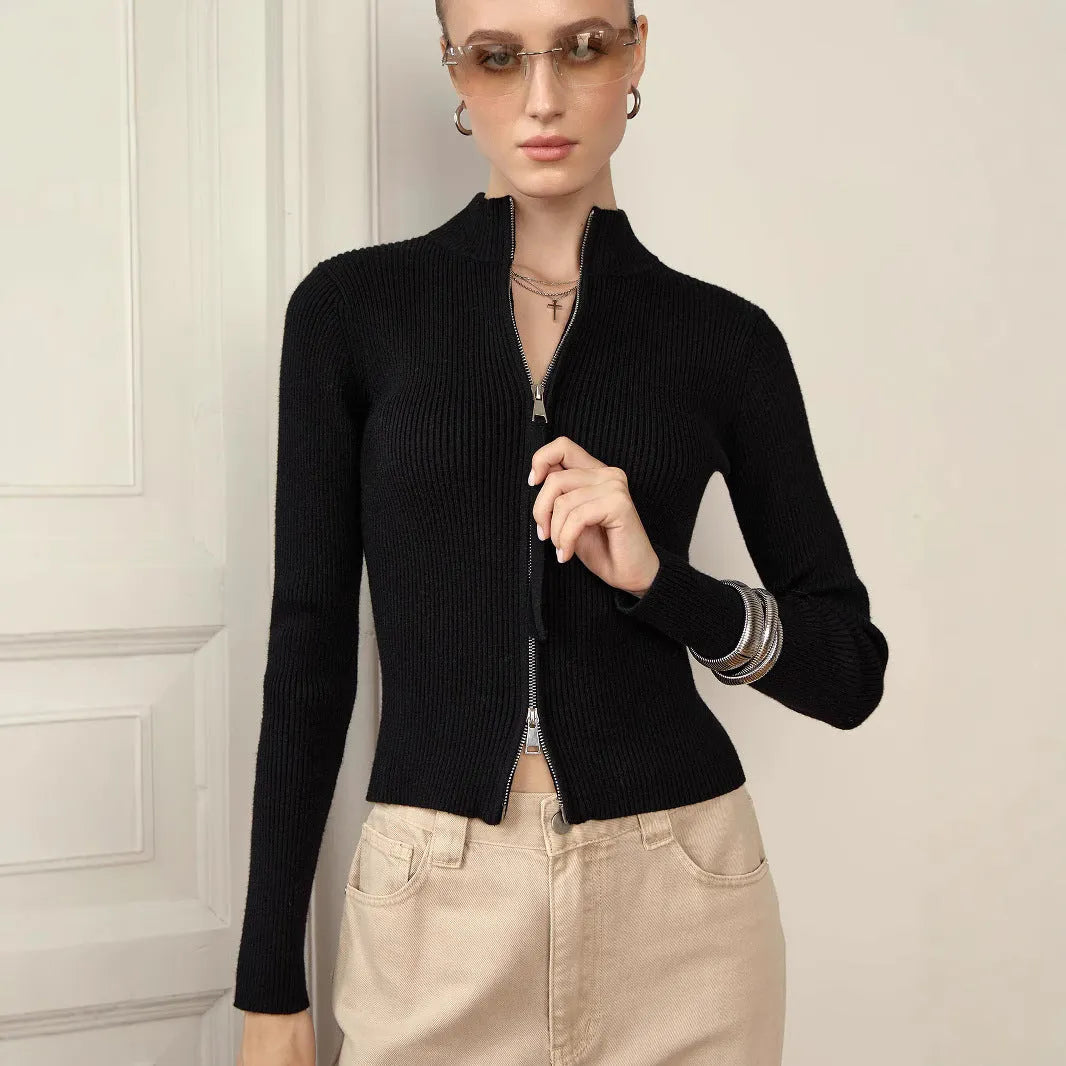 Women's zipper slim fit stand collar top in viscose fibre, available in five colours, sizes S to L, for street fashion layering