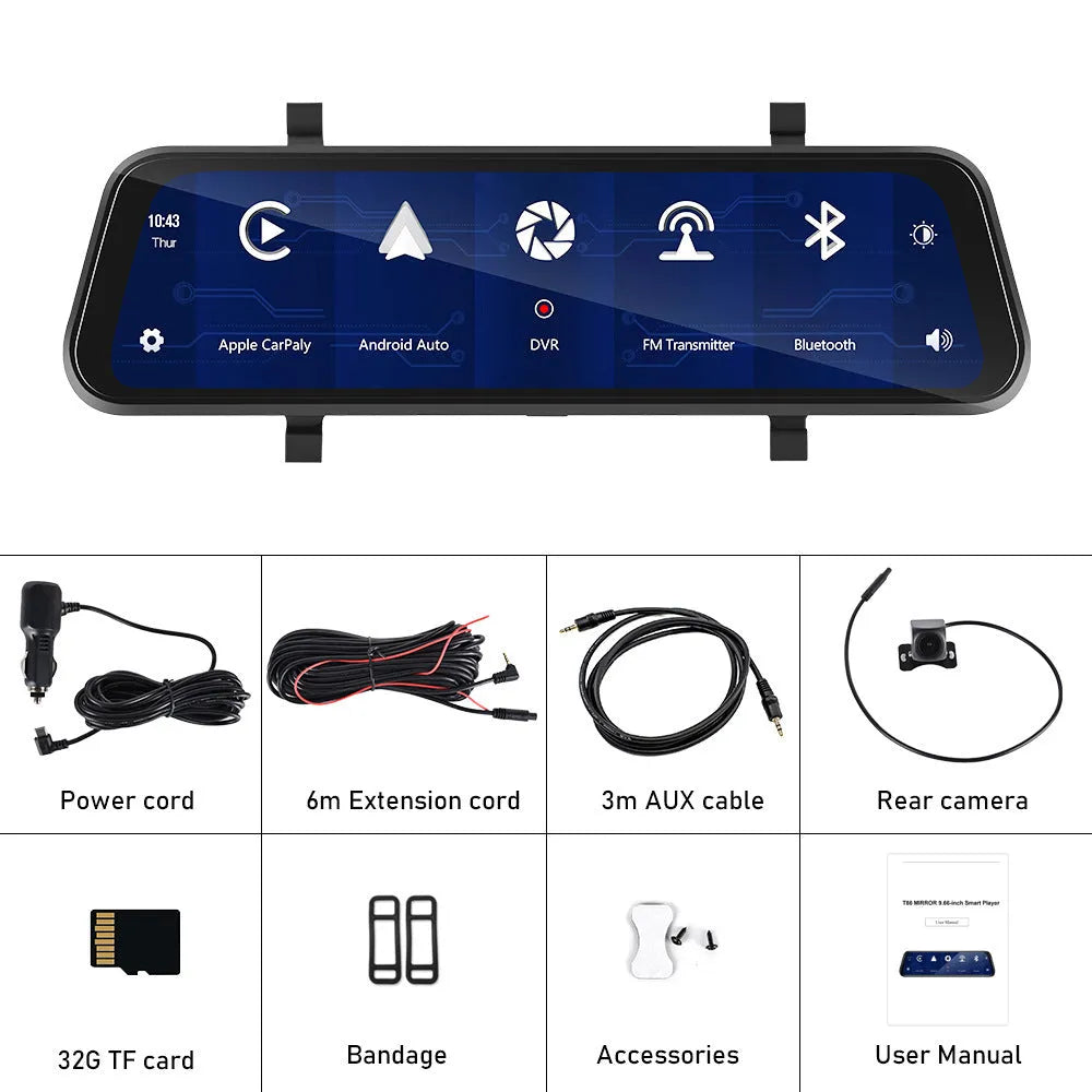 9.66-inch in-mirror car dash cam and video player displayed with mounting bracket and accessories