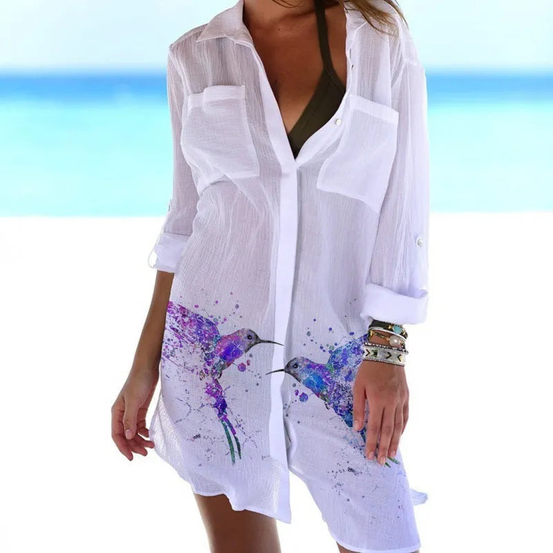 Women's slim fit long sleeve blouse with 3D bird-and-flower digital printing in polyester fabric
