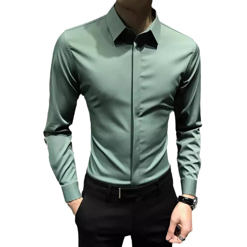 Men's long sleeve business shirt in solid white, black or dark grey, Korean-style cut, sizes M to 3XL