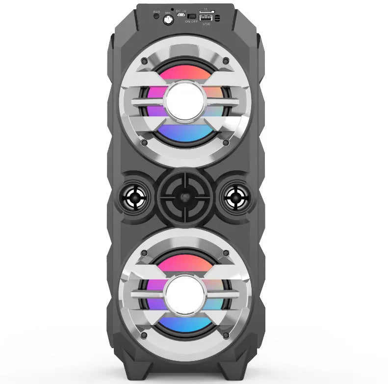 Portable Bluetooth speaker with colour lights and pull rod handle in blue, red, or silver grey finish