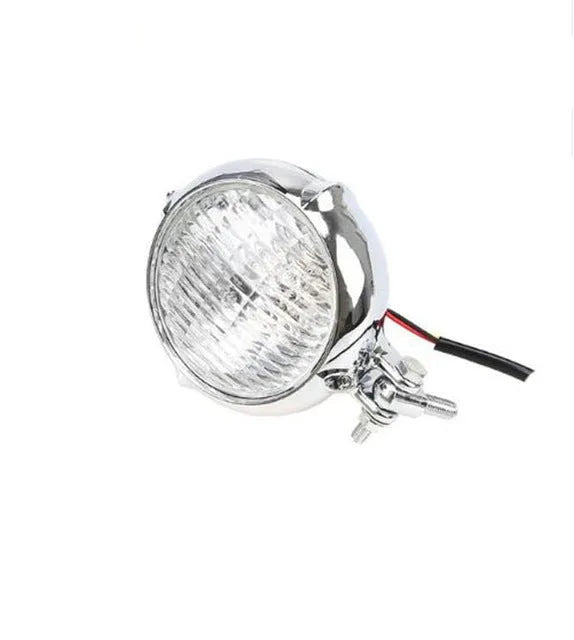 Black retro halogen headlight with 8 cm lens and cast aluminium housing for motorcycle.