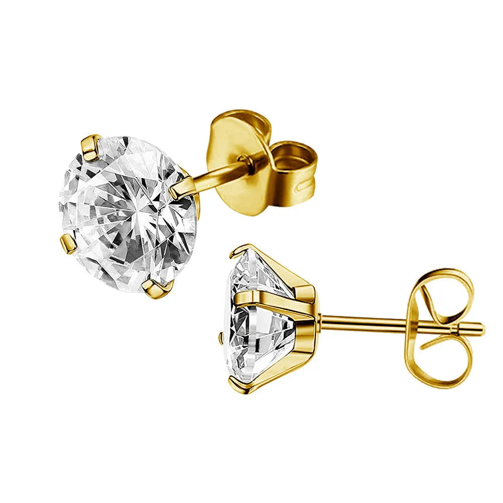 Geometric square and round zircon stud earrings in stainless steel with gold or steel electroplating