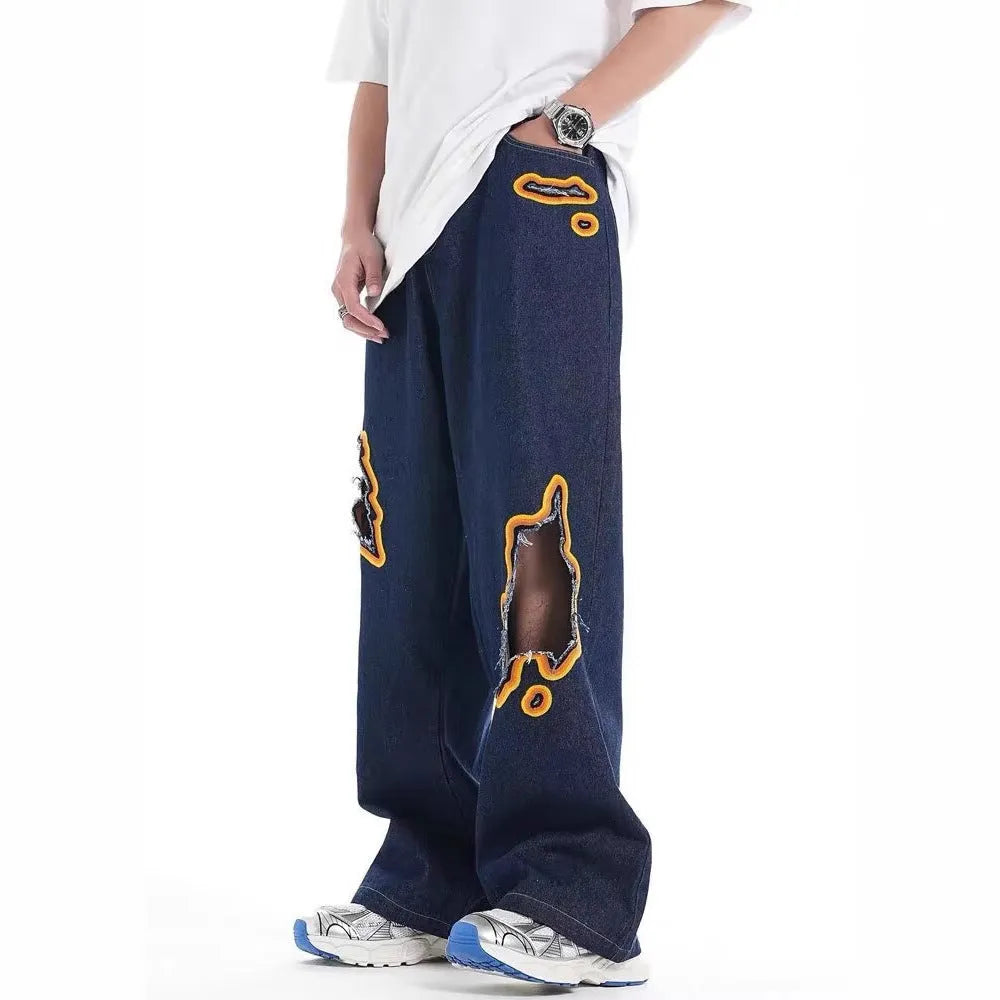White retro washed ripped embroidery loose cotton blend trousers with zipper fly