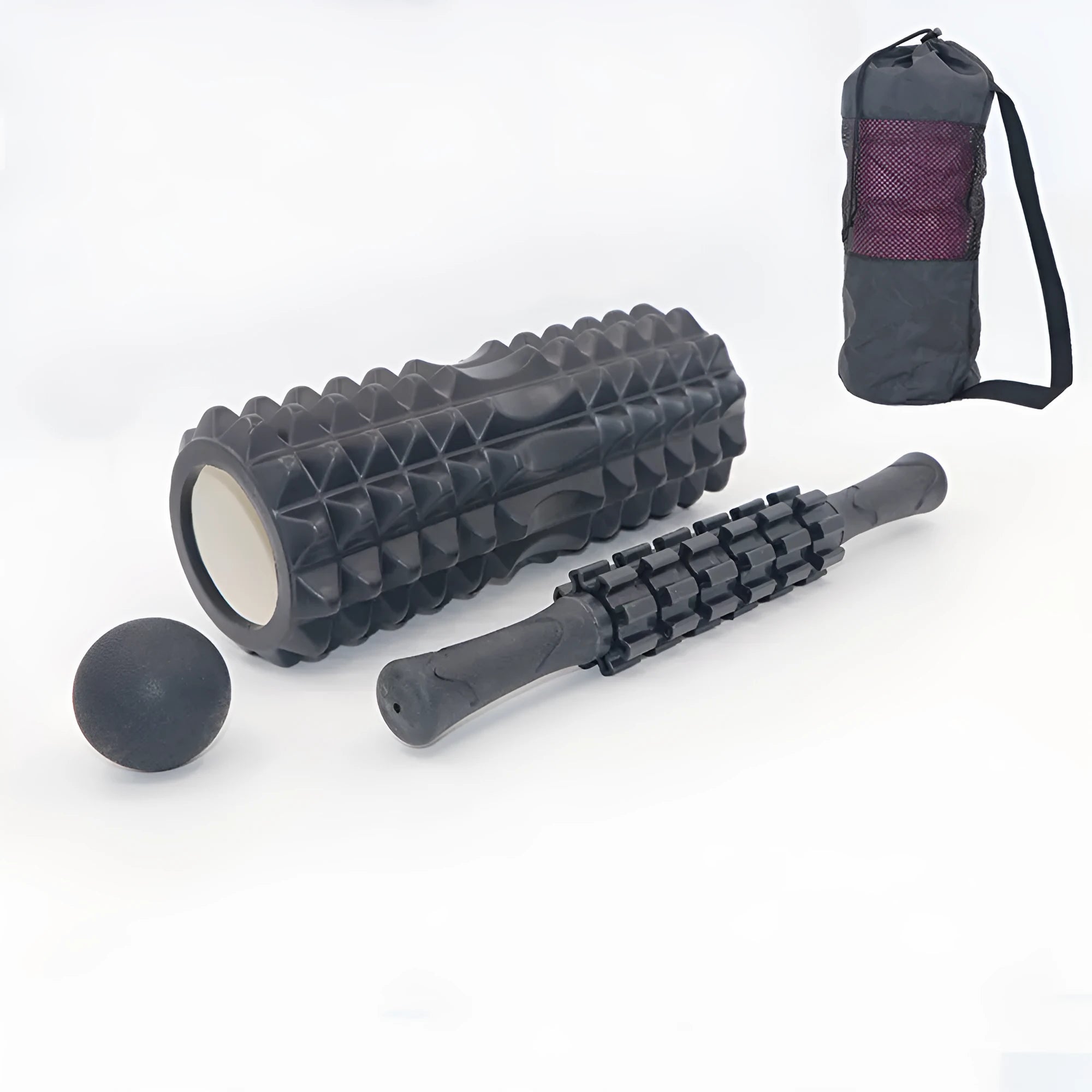 Black 33cm fitness foam roller and massage stick set on a grey background.