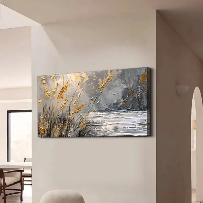 Hand painted abstract lake reed landscape oil painting on canvas, contemporary style, horizontal orientation, available in multiple sizes