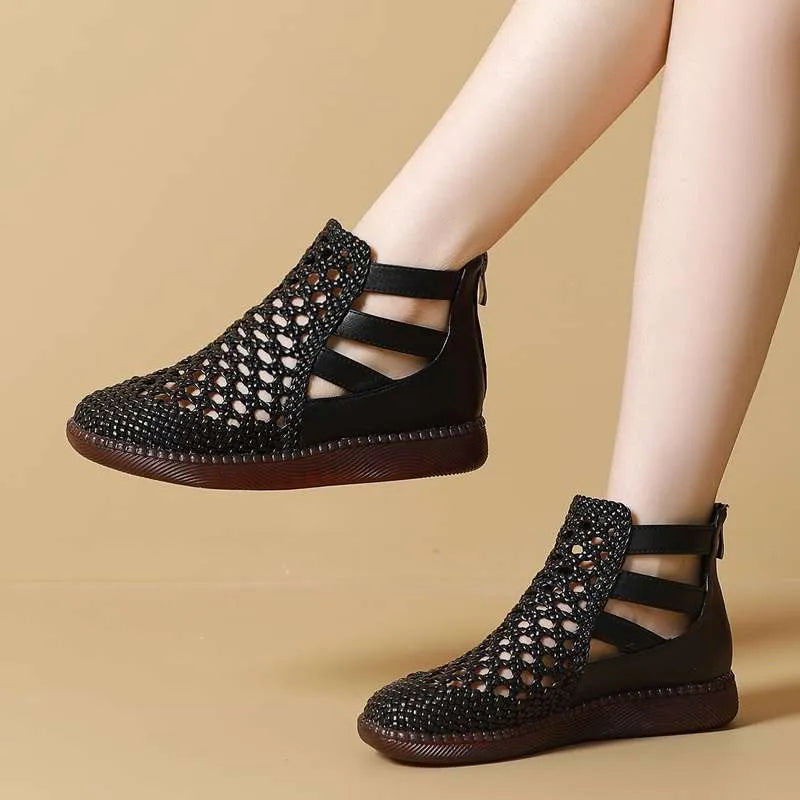 Women's gold hollow-out sandals with middle-top height and round toe design