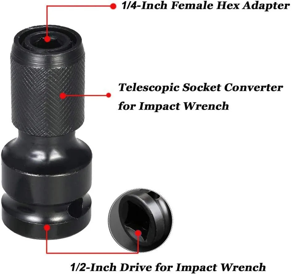 Electric wrench telescopic bit holder with hexagonal handle showing scaling from 1/2 inch to 1/4 inch
