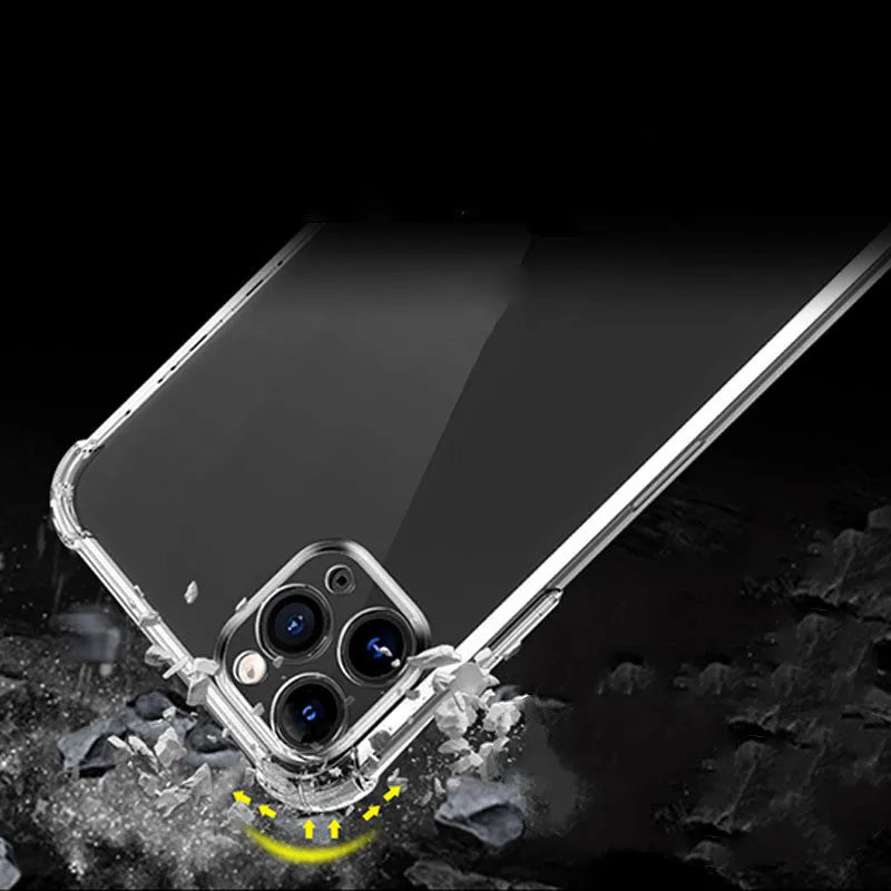 Thickened transparent TPU iPhone case showing four-corner airbag design on a mobile phone.