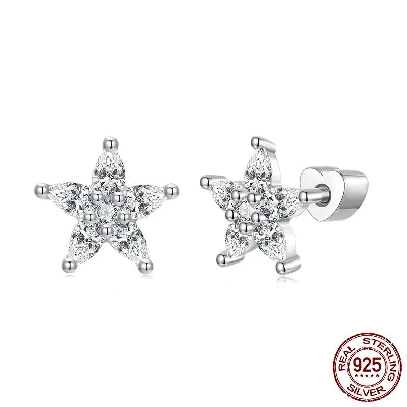 Small silver flower ear studs with shining zircon detail, Christmas style, one pair, colour BSE1239