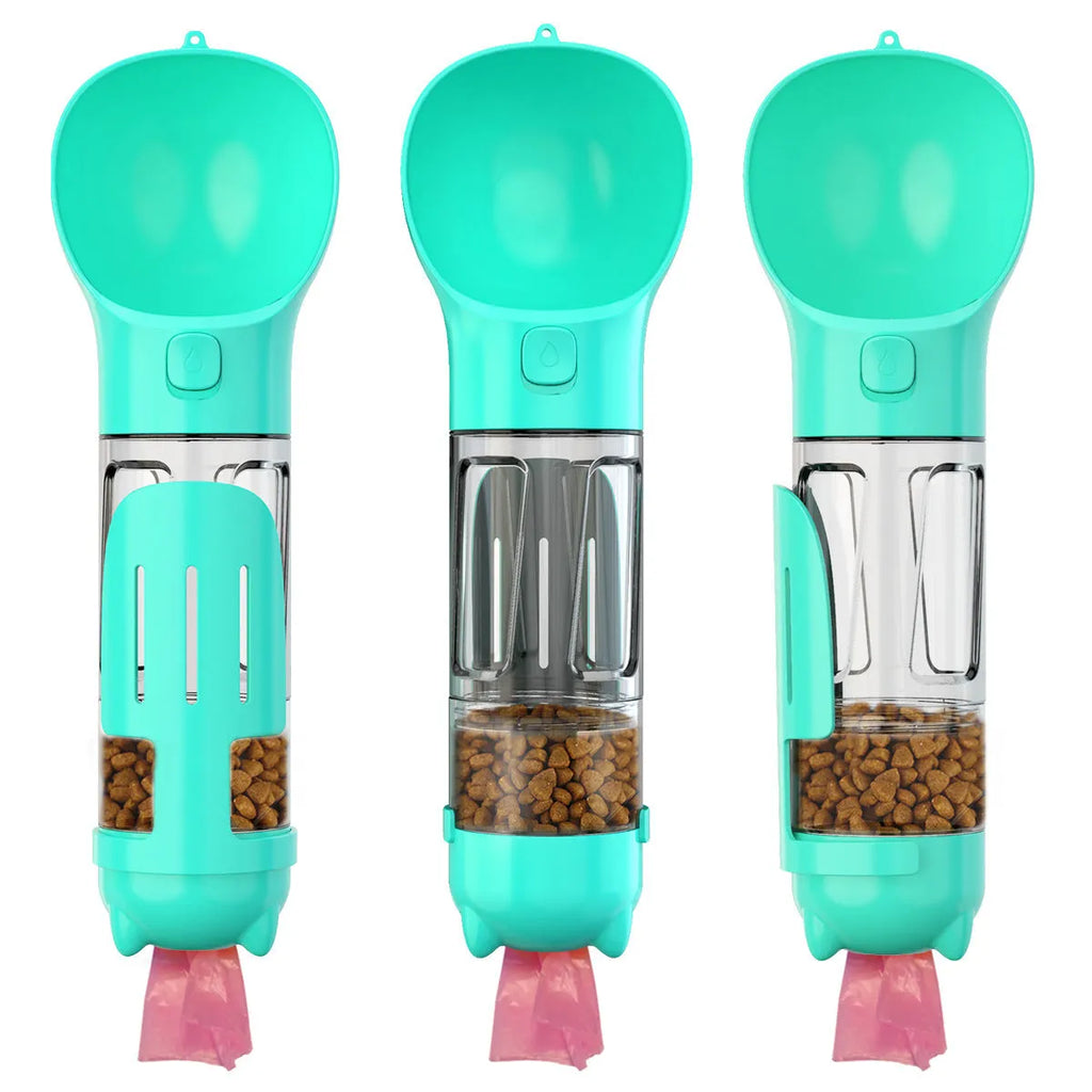 Portable 3-in-1 dog water bottle with poop dispenser and treat holder, 300ml capacity in aquamarine