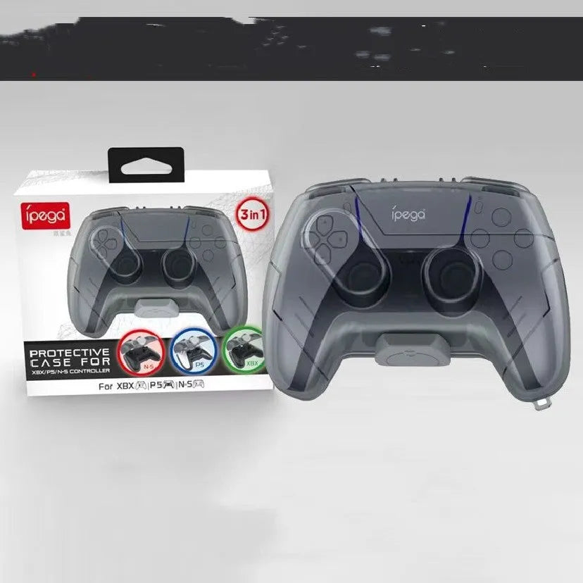Transparent grey hard plastic protective case for a game controller.