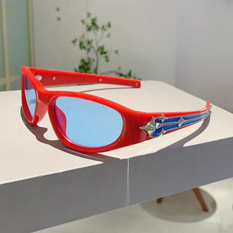 Outdoor sports sunglasses with windproof polycarbonate lenses in a special-shaped frame, shown in black with blue lenses.