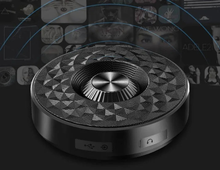 Black, orange, and silvery white mini portable Bluetooth speaker with microphone