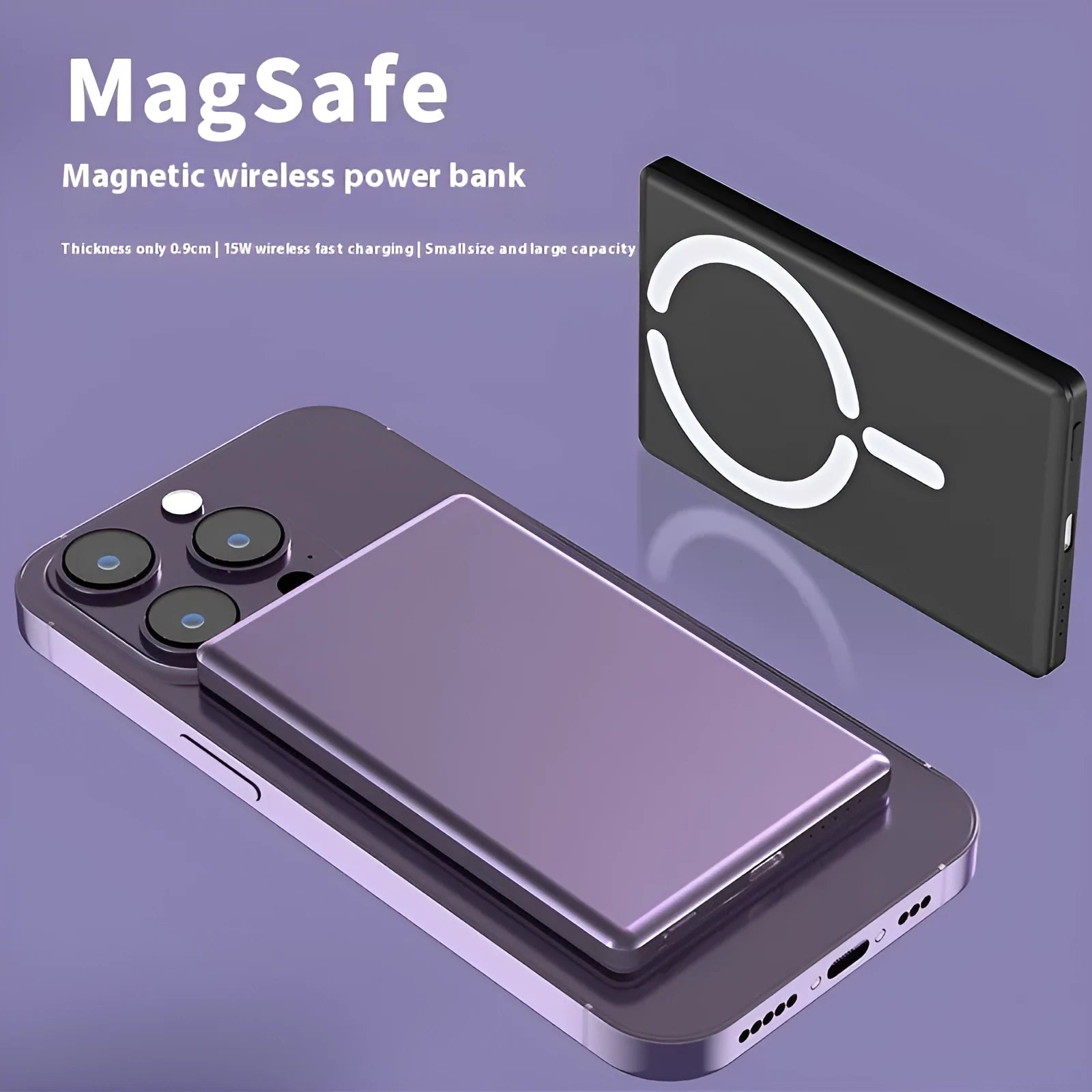 Ultra-thin magnetic power bank in dark grey colour with alloy shell showing dimensions