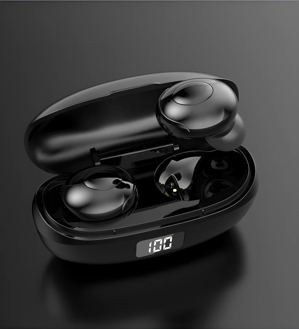 Black and white wireless in-ear Bluetooth headphones with a compact charging case.