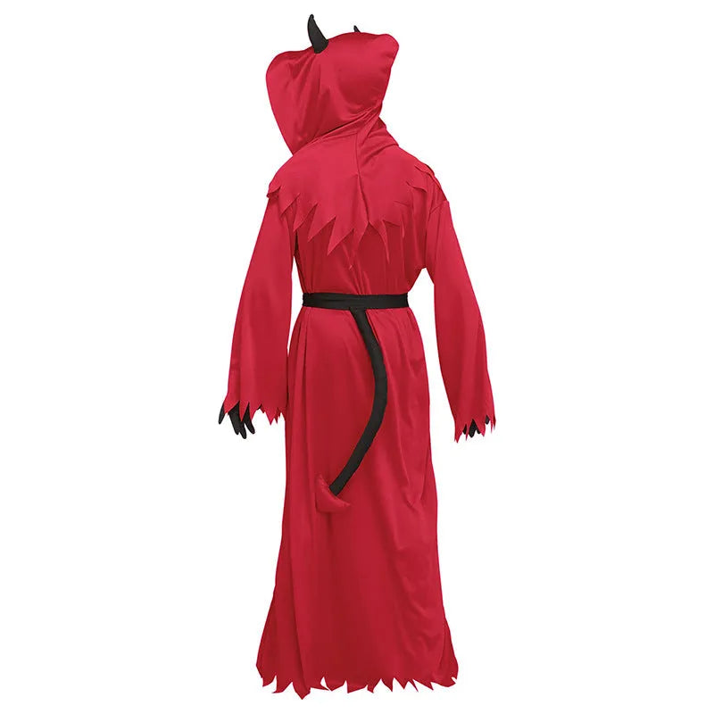 Red polyester Halloween demon costume with horned hood, serrated dress, plush tail, and wrist gloves