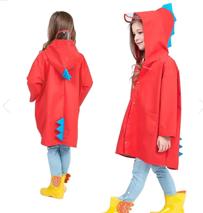 Kids dinosaur raincoat red yellow hooded trench coat waterproof sizes S to 3XL