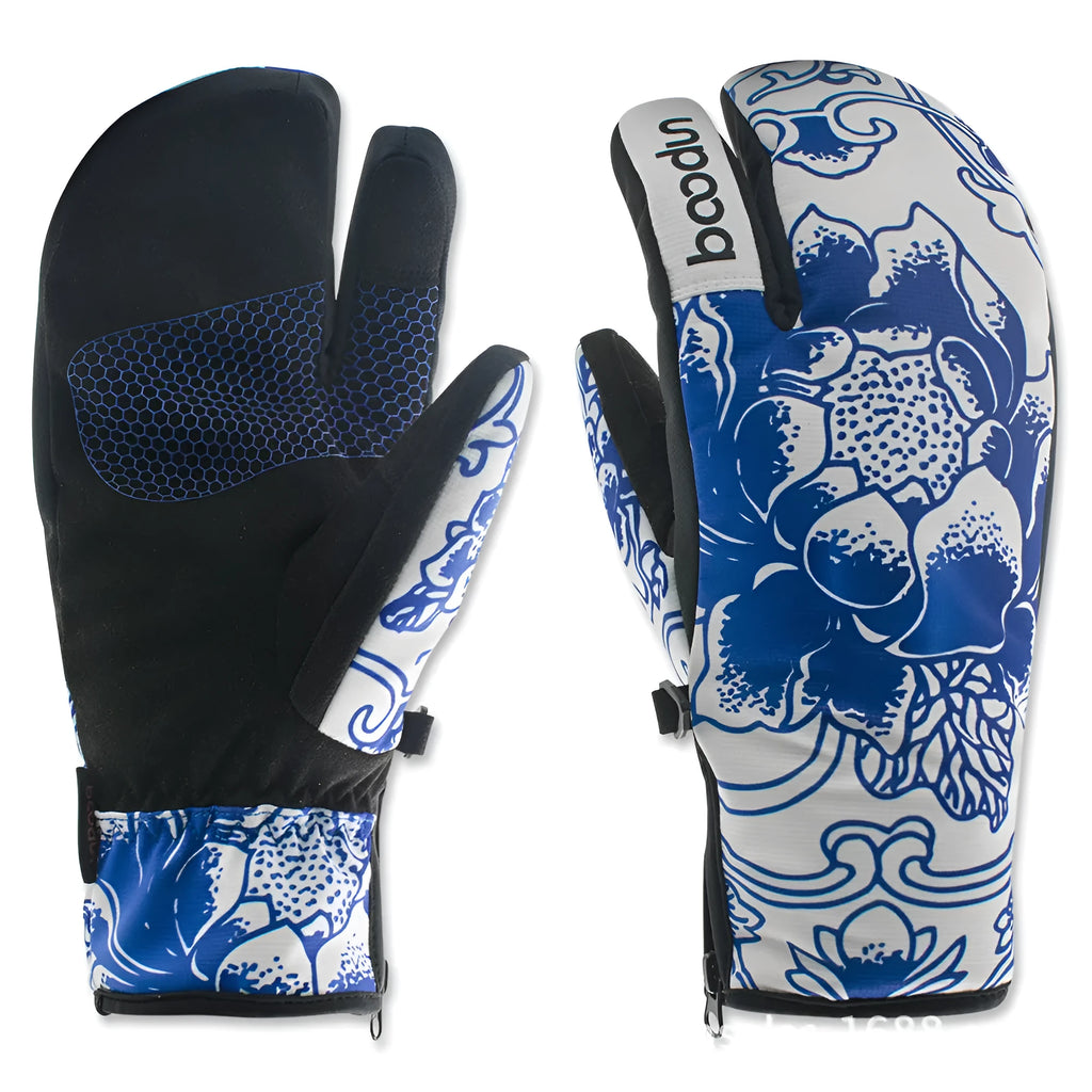 Three-finger waterproof ski gloves in checkered polyester, unisex design for winter sports