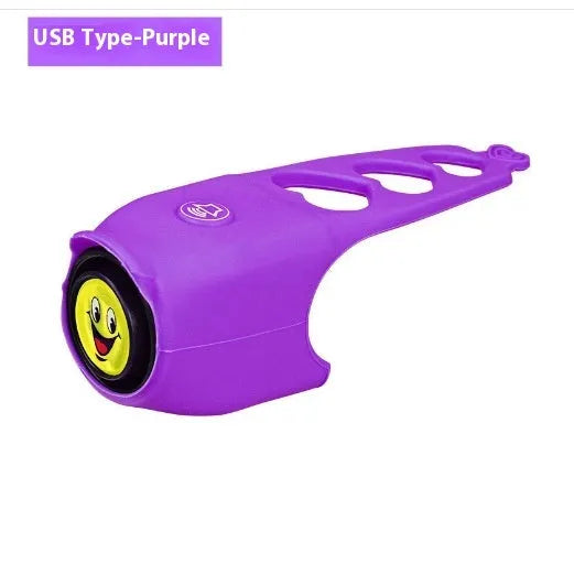 Electronic bicycle horn with plastic housing in six colour options showing compact dimensions for handlebar mounting