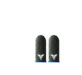 A pair of green gaming thumb sleeves made from silver fibre material with a reflective logo.