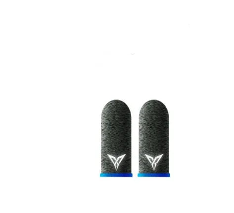 A pair of green gaming thumb sleeves made from silver fibre material with a reflective logo.