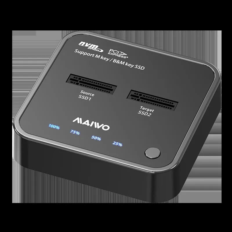 MAIWO K3016 M2 solid state drive cloner dock unit with USB-C cables and power adapter on a desk.