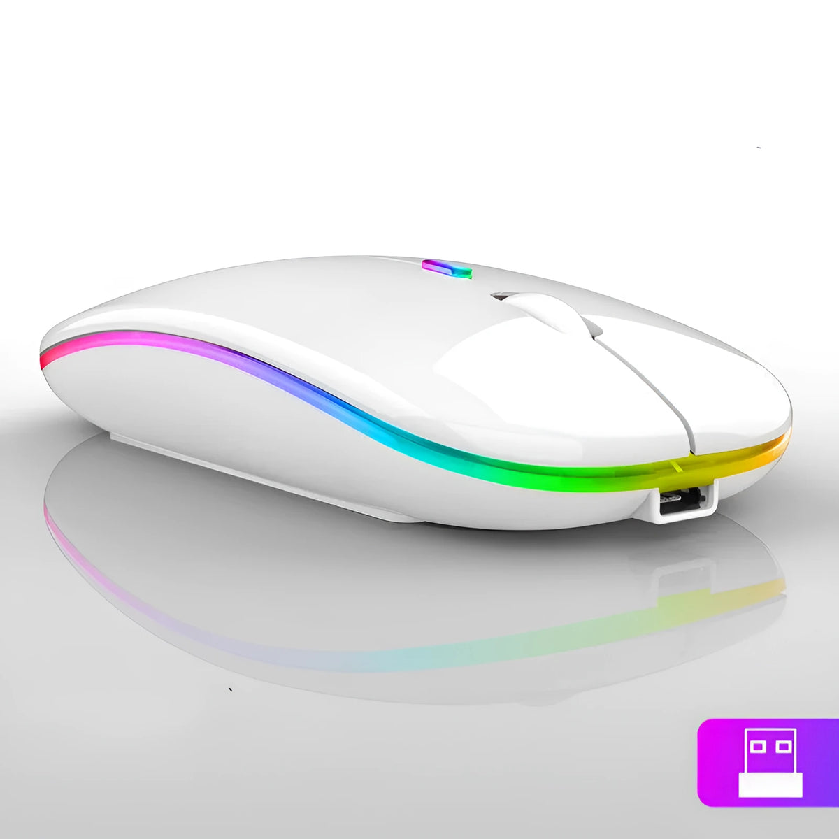 Ultra-thin wireless colourful luminous mouse in black, side view showing slim profile and glowing strip
