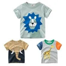 Children's organic cotton t-shirt with animal print in green lion, grey giraffe, or khaki elephant design