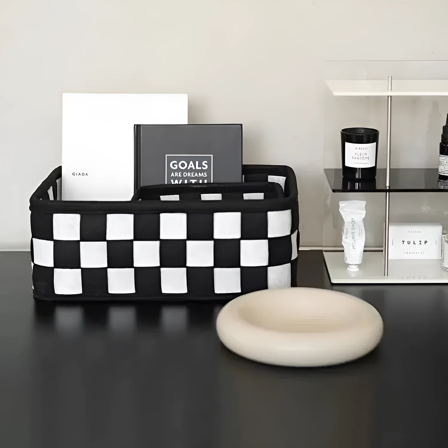 Checkerboard woven felt storage basket folded and unfolded showing 37x29x19.5cm dimensions