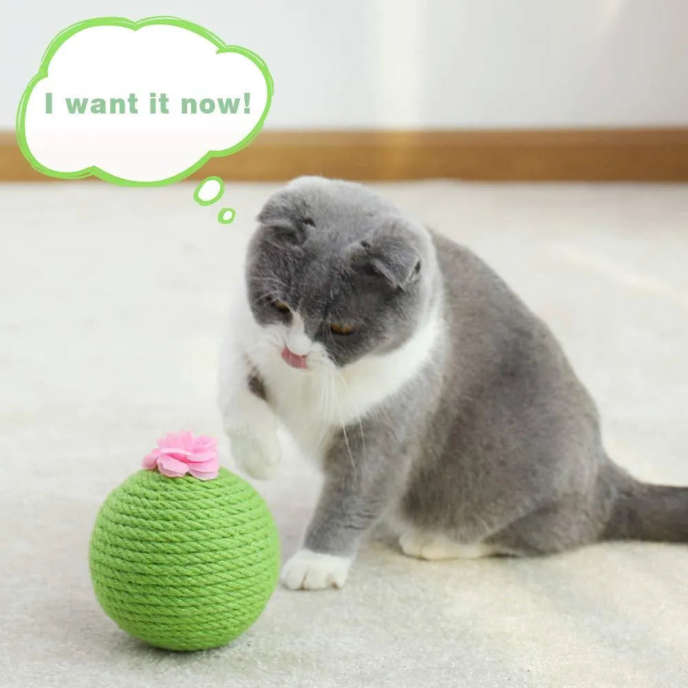 Green cactus-shaped cat scratcher with sisal fibres and attached tumbler ball for indoor play