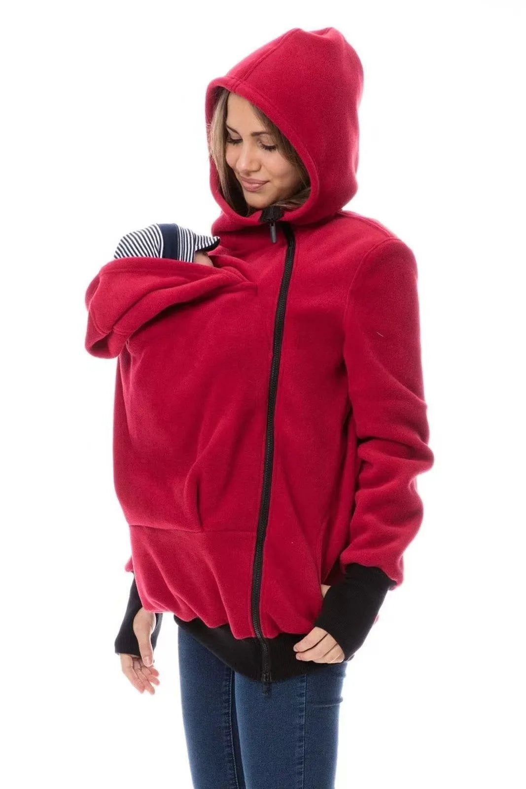 Red loose polar fleece sweater for women with long sleeves