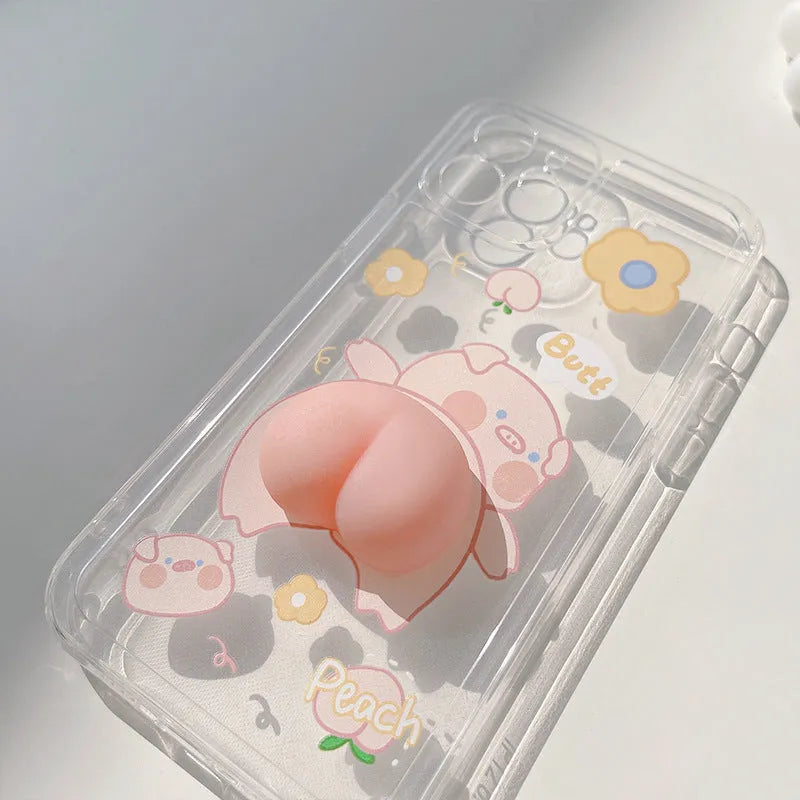 Silicone phone case with raised pig butt design and pinch music control feature
