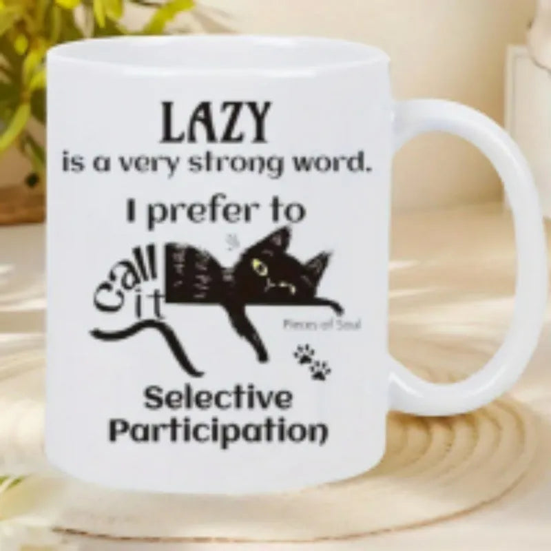White ceramic mug with 11oz capacity featuring a creative picture design applied by thermal transfer.