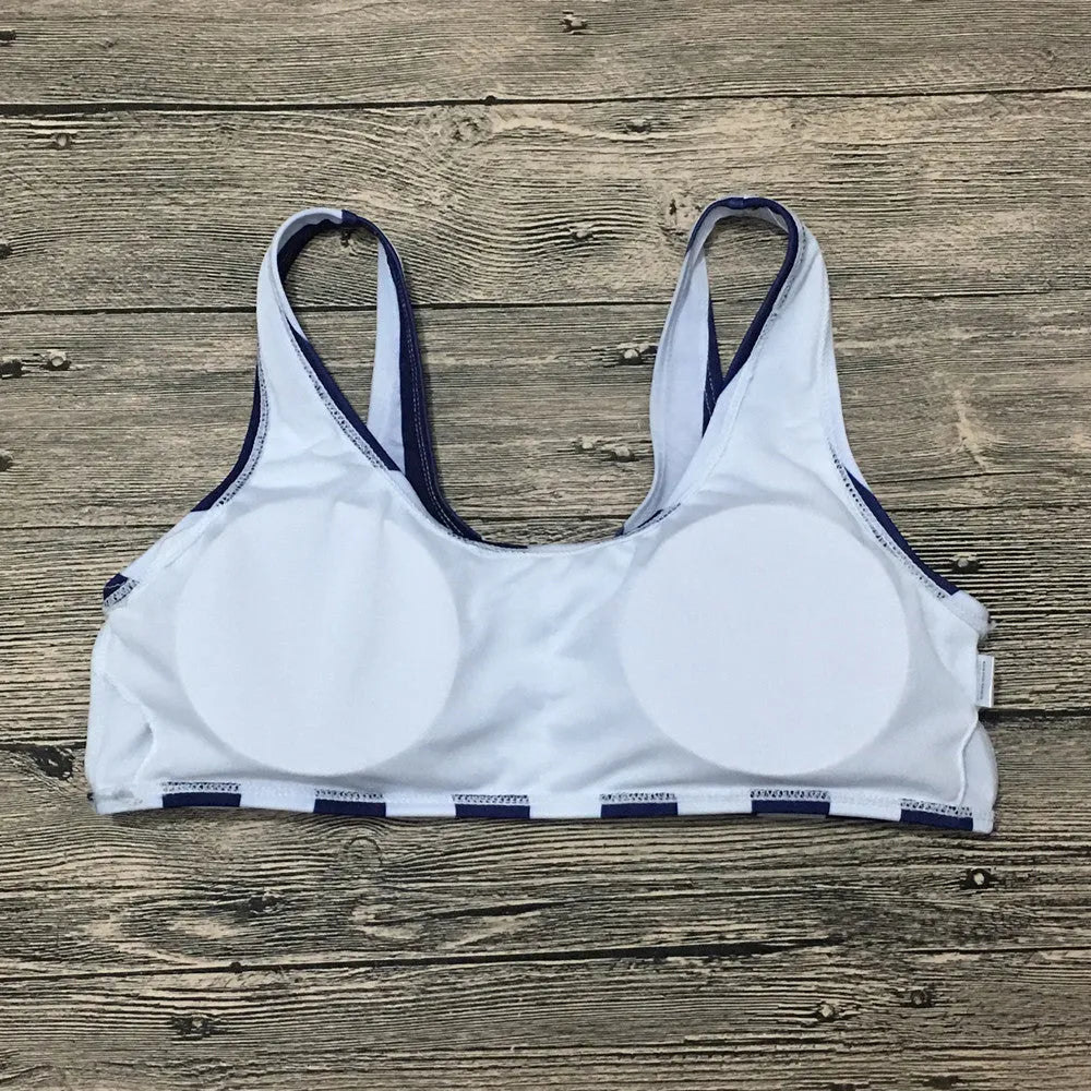 Striped open-back bikini set with removable chest pad and quick-drying polyester spandex fabric, sizes S-XL