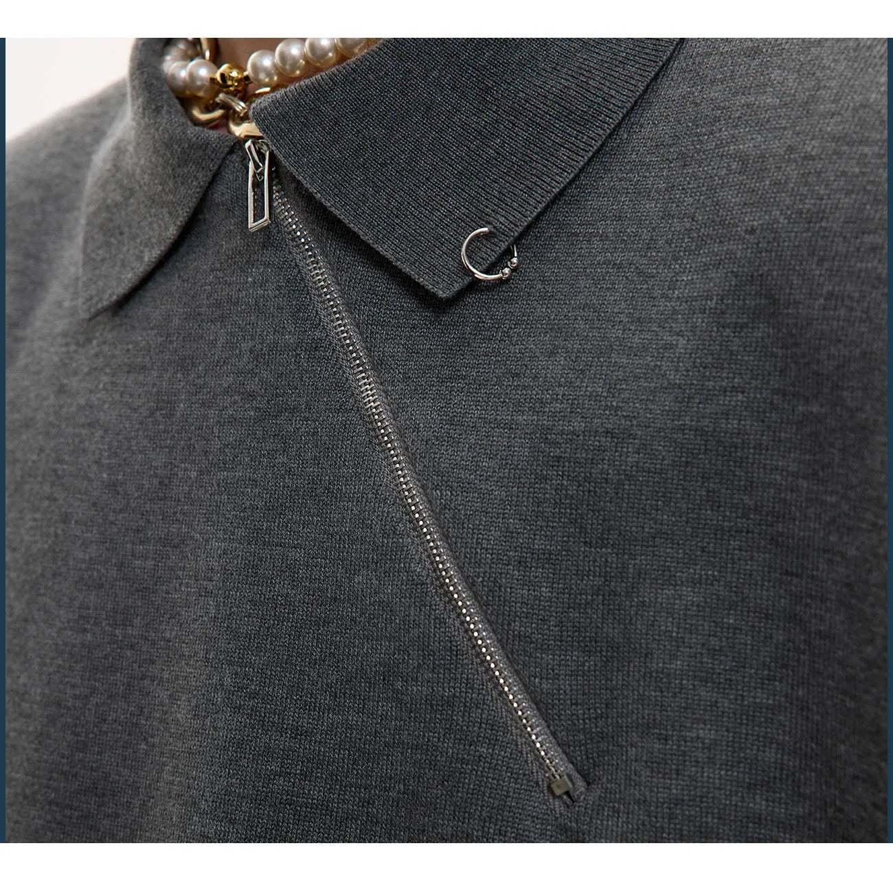 Man wearing a slim-fit grey knitted polo shirt with an oblique front zipper and lapel collar