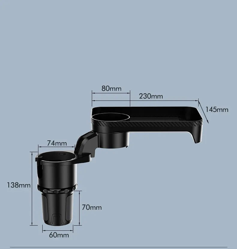 Black car cup holder with an integrated rotating dinner tray, shown in a vehicle.