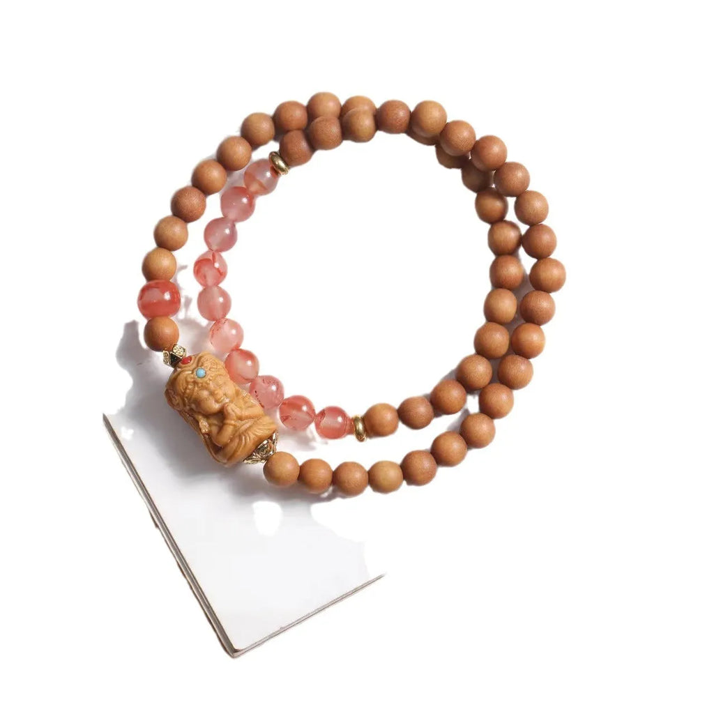 Brown woven wooden bracelet with 6mm round beads featuring South Red Zachilam and double circle design