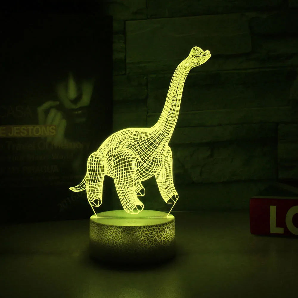 Colourful dinosaur-shaped 3D night light with touch controls on a black ABS base.