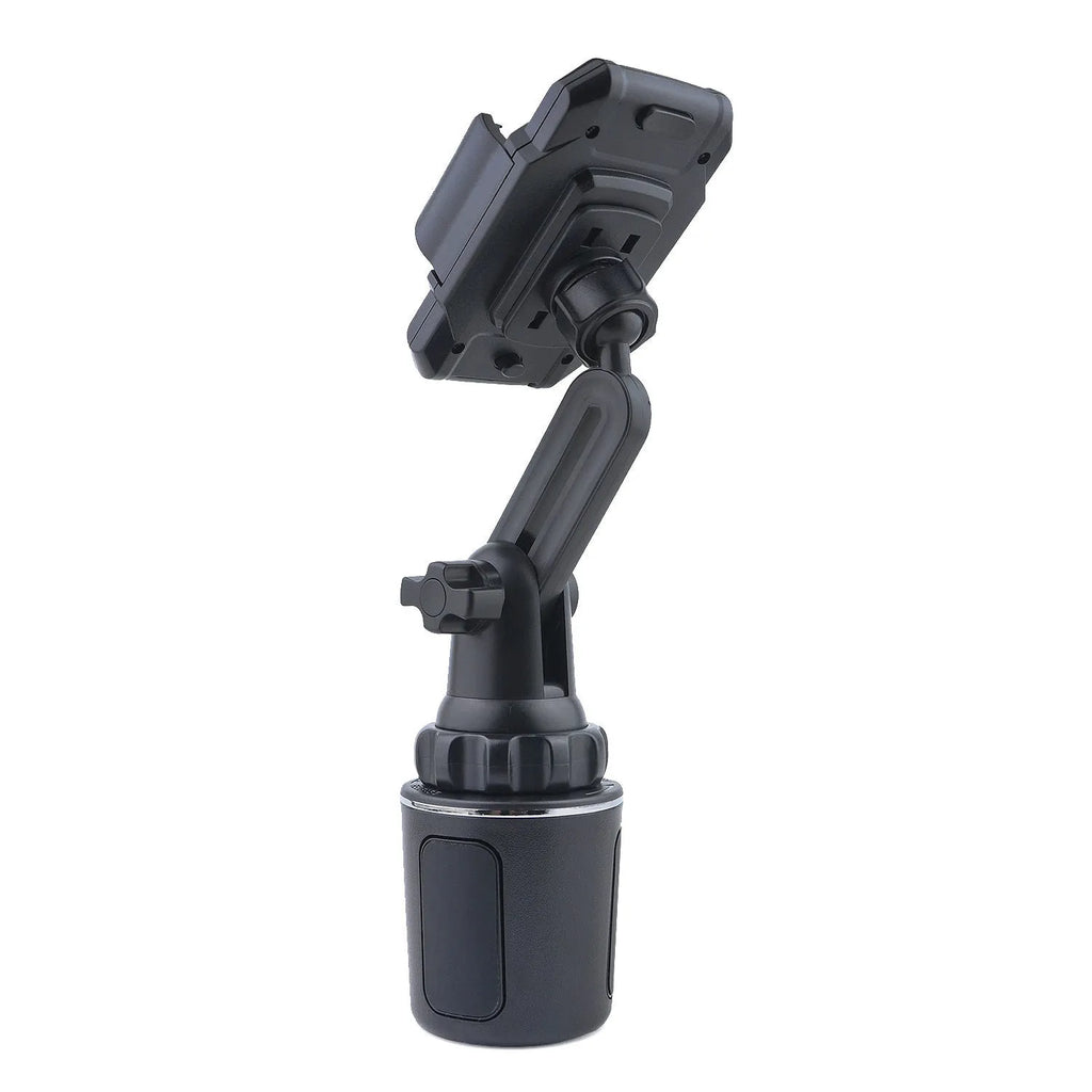 Black ABS car cup holder mobile phone holder with 360° rotation and adjustable height, fitted with foam padding.