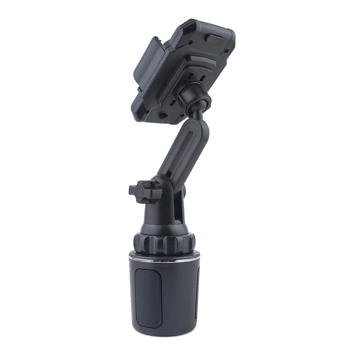 Black ABS car cup holder mobile phone holder with 360° rotation and adjustable height, fitted with foam padding.