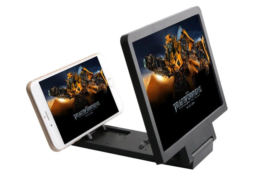 Black and white portable smartphone screen magnifier measuring 18cm by 12cm with protective storage case.
