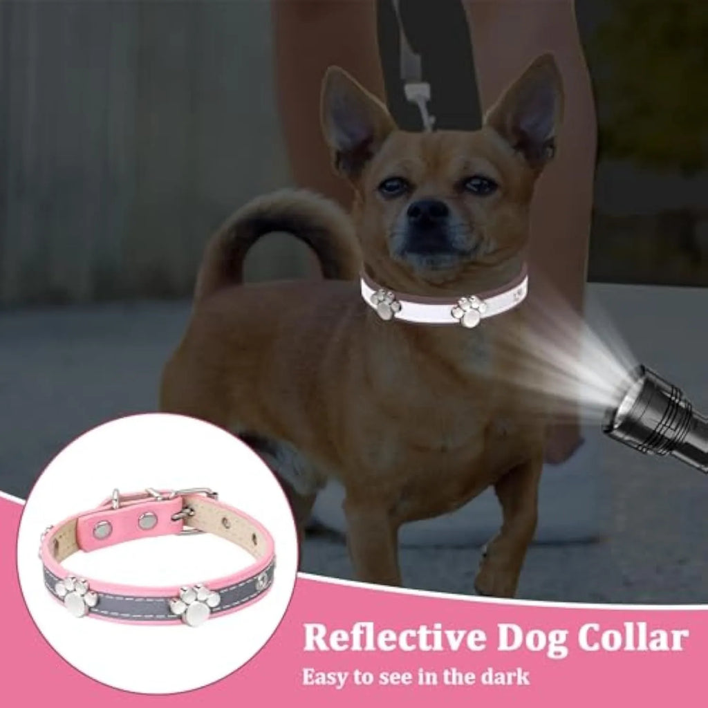Reflective adjustable PU leather dog collar with metal buckle and decorative paw rivet.