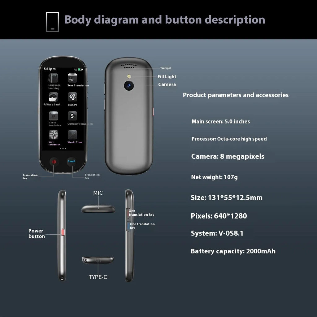 Black multi-language simultaneous interpretation translator for business with lanyard and charging cable.