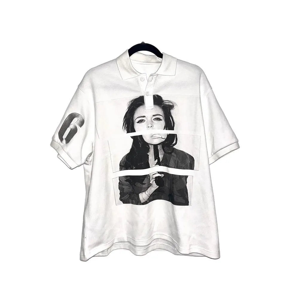 Short-sleeved printed polo shirt in a straight medium-length cut on a model